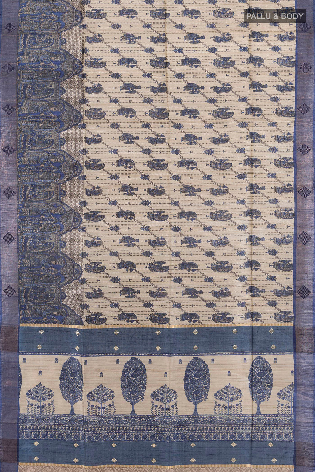 Flat view of Beige Tussar Saree with Floral Print on the body and Zari Border. 