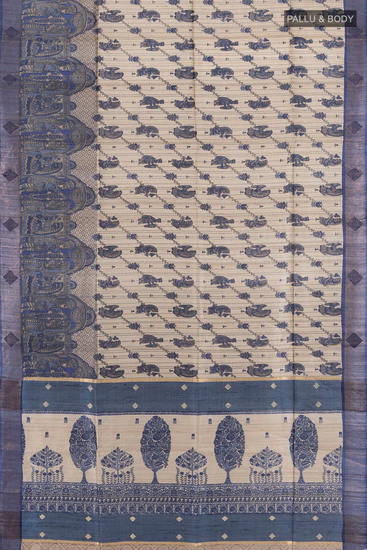 Flat view of Beige Tussar Saree with Floral Print on the body and Zari Border. 