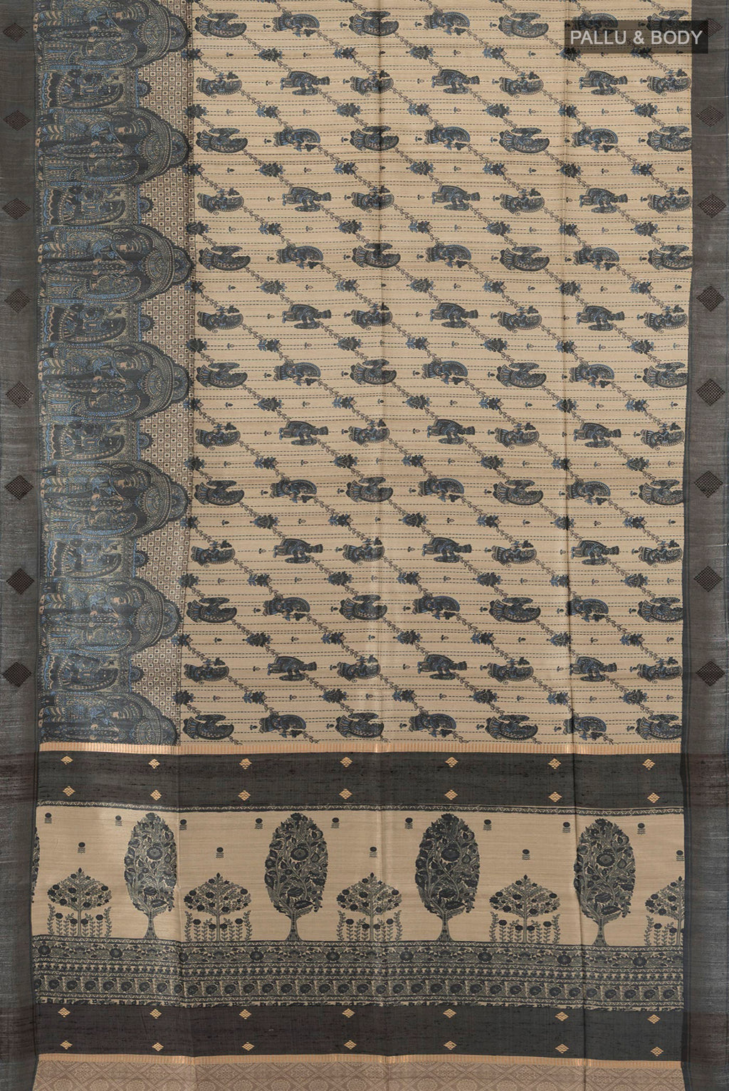 Flat view of Pure Silk Beige Tussar Saree with Embroidery on the body and Zari Border. 