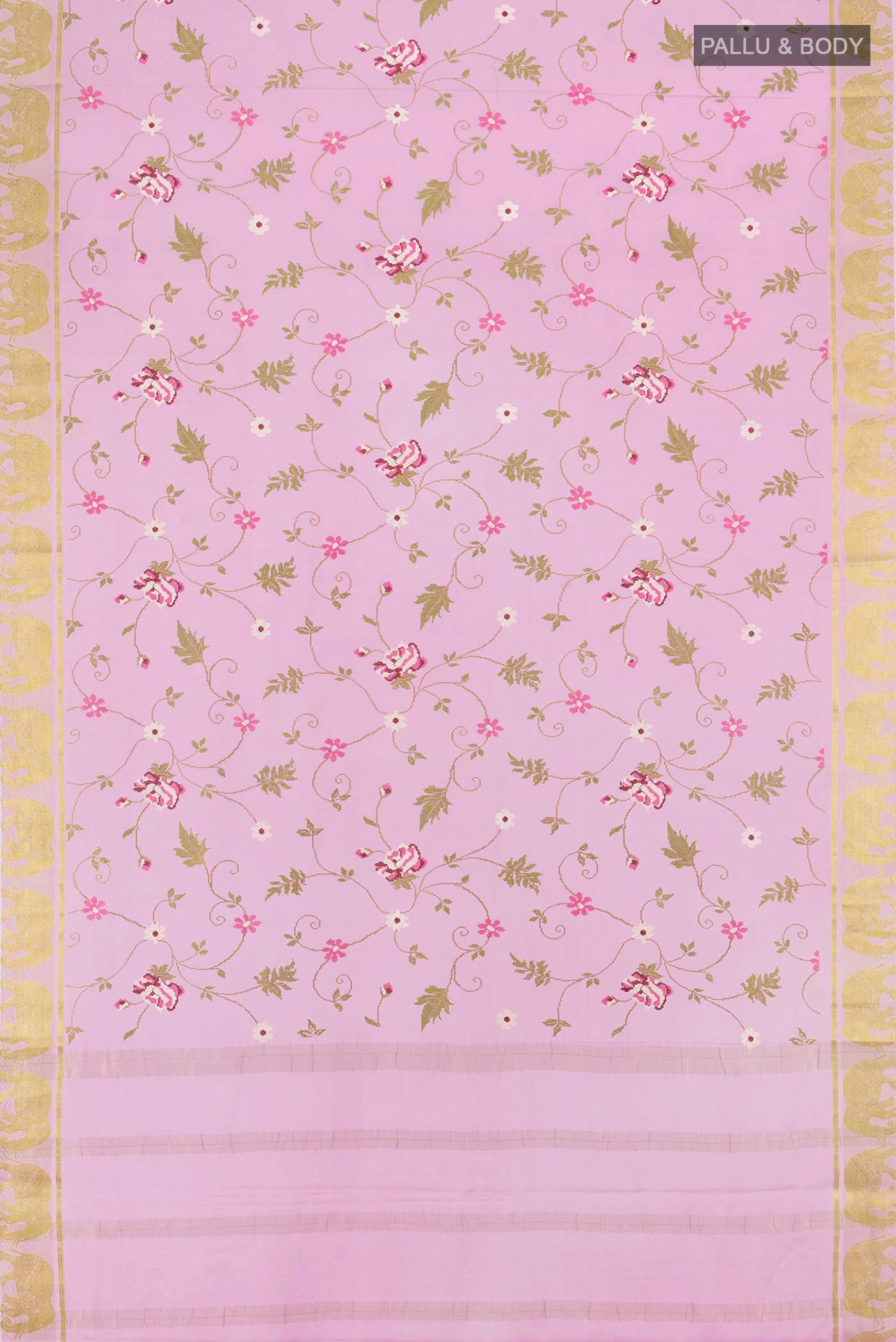 Flat view of Rose pink Mysore Crepe Saree with Embroidery on the body and Zari Border. 