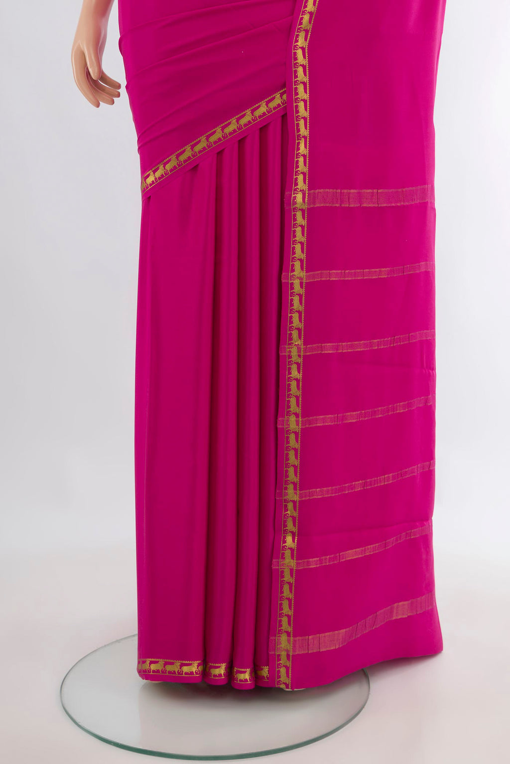 Pleats and pallu of Pink Mysore Crepe Saree with Plain Body and Zari Border. 