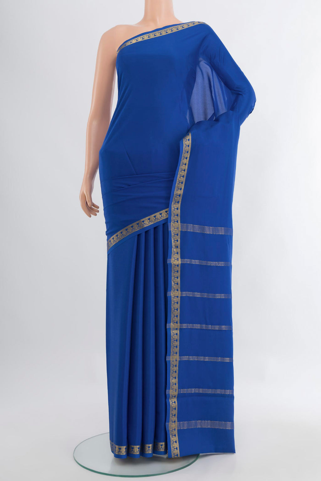 Dark Blue Mysore Crepe Saree with Plain Body and Silk Border.  displayed on a mannequin