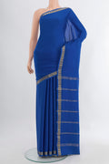 Dark Blue Mysore Crepe Saree with Plain Body and Silk Border.  displayed on a mannequin