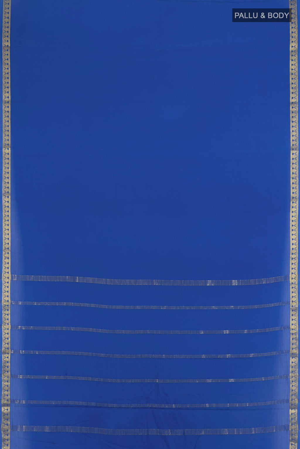 Flat view of Dark Blue Mysore Crepe Saree with Plain Body and Silk Border. 