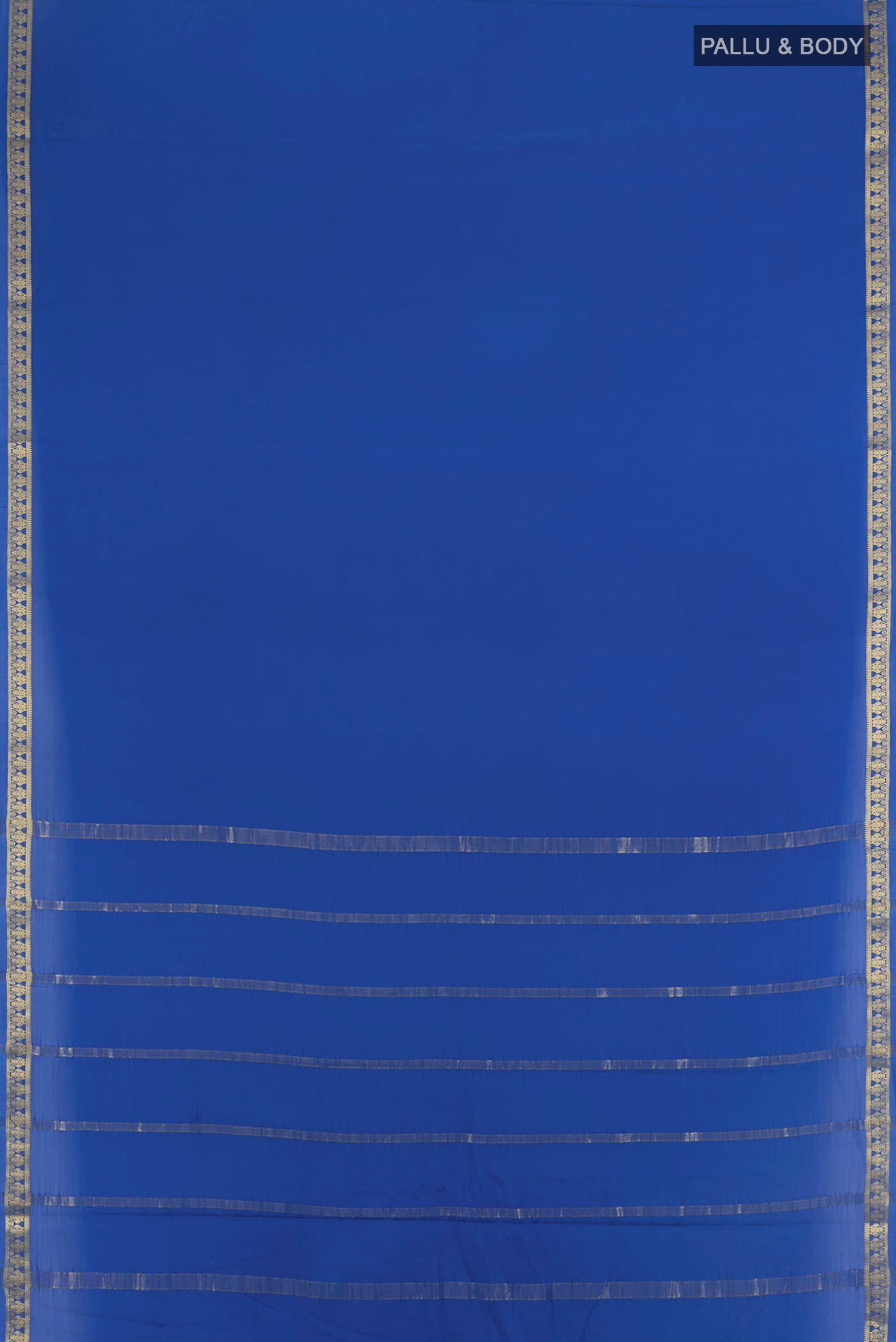 Flat view of Dark Blue Mysore Crepe Saree with Plain Body and Silk Border. 
