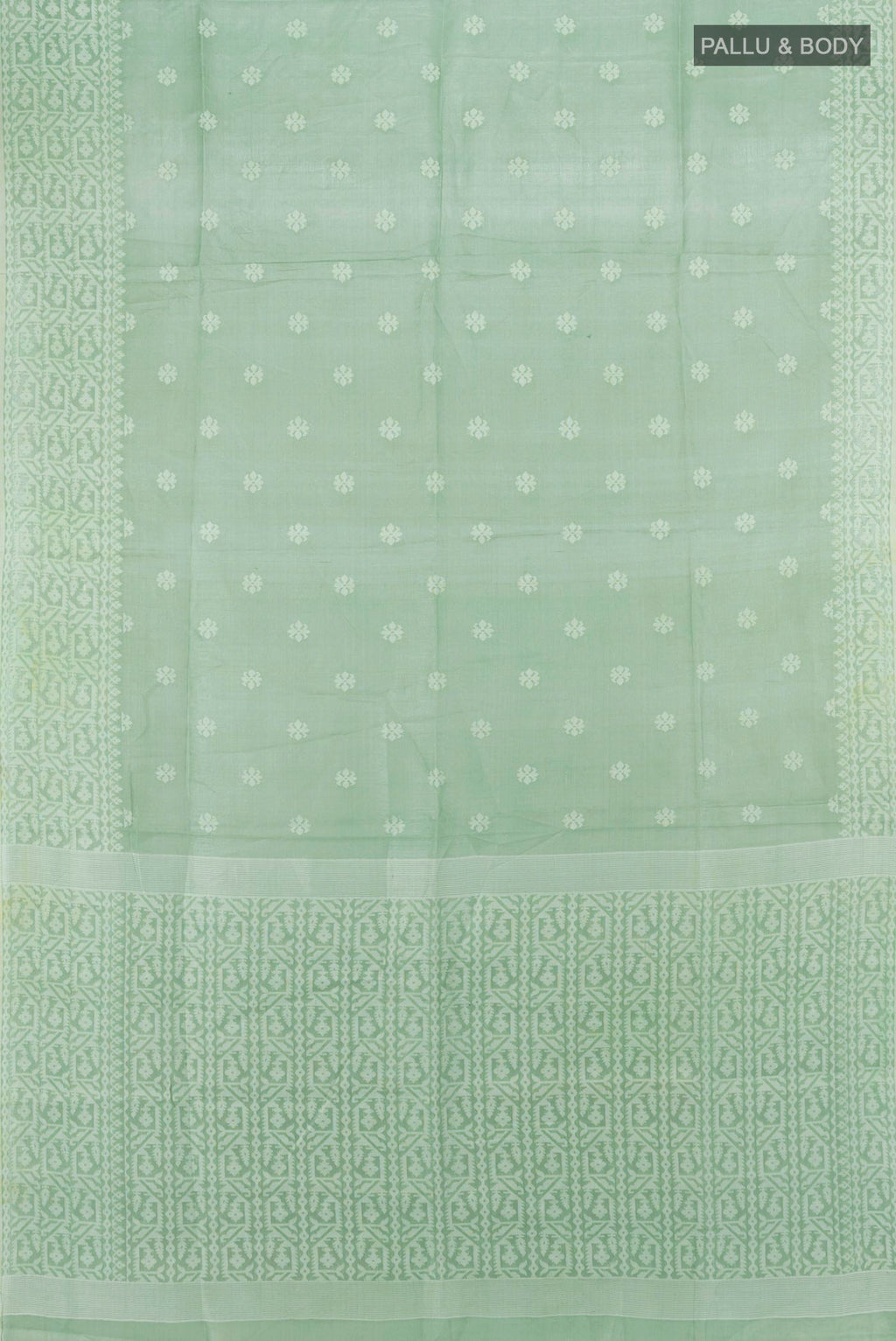 Flat view of Pista Green Tussar Saree with Thread Butta on the body and Thread Border. 