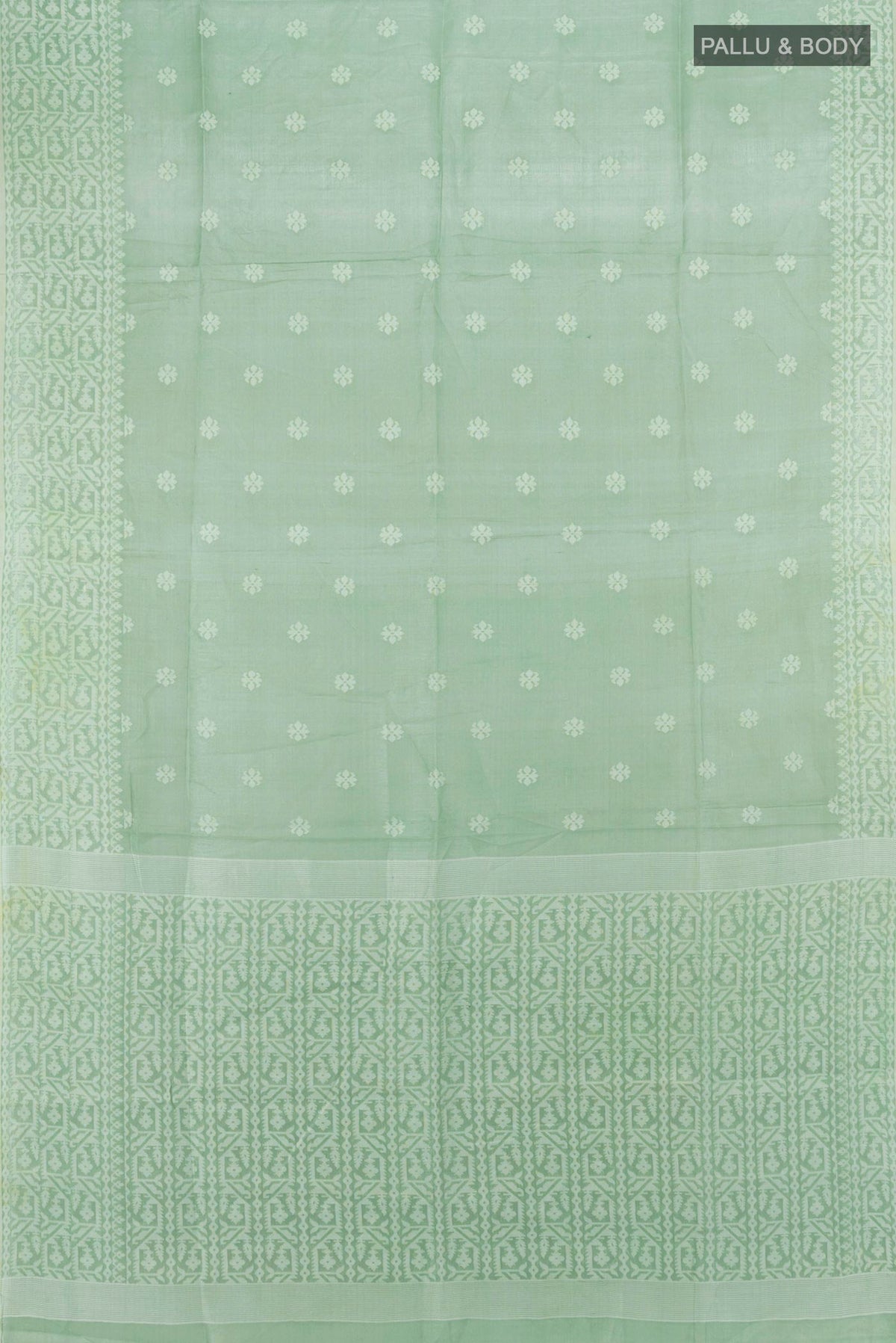 Flat view of Pista Green Tussar Saree with Thread Butta on the body and Thread Border. 