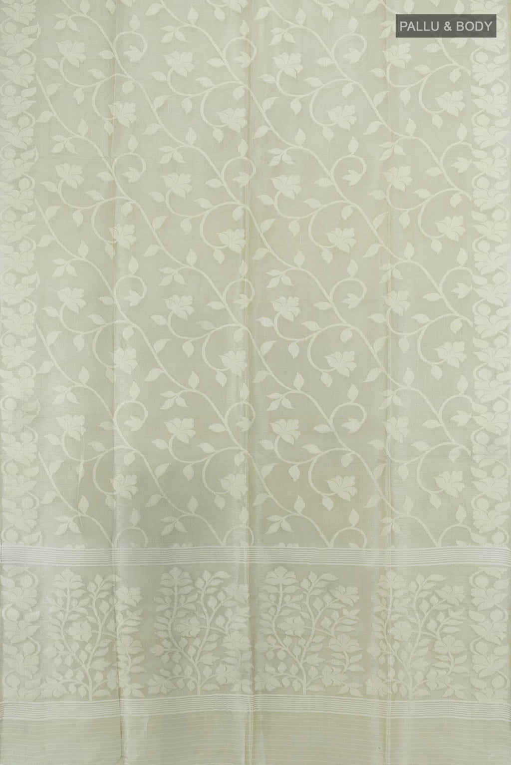 Flat view of Light Green Tussar Saree with Jamdani on the body and Thread Border. 