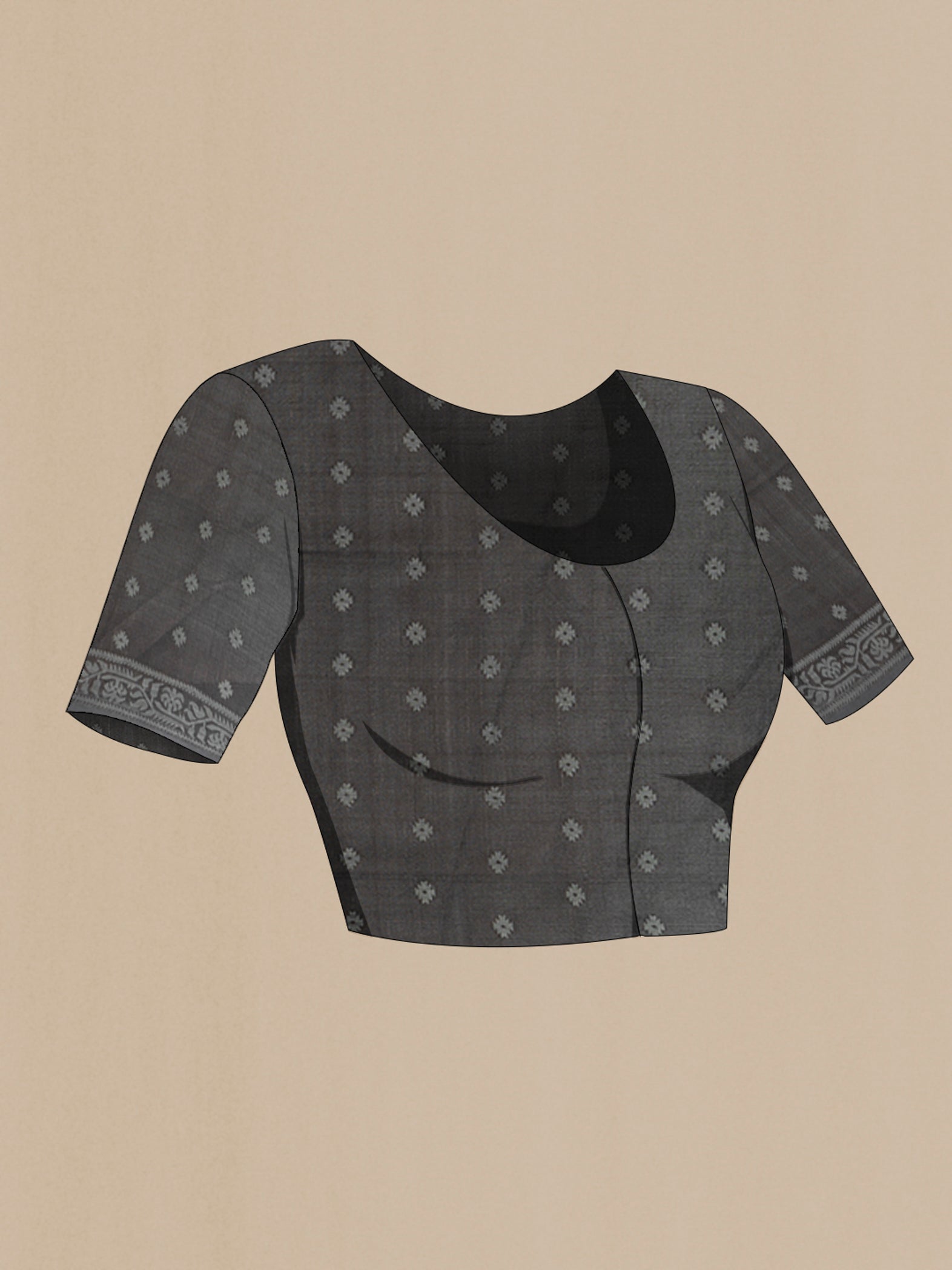 Close up image of the blouse of Black Bengal Cotton - Tangail Saree with Thread Butta on the body and Thread Border. 