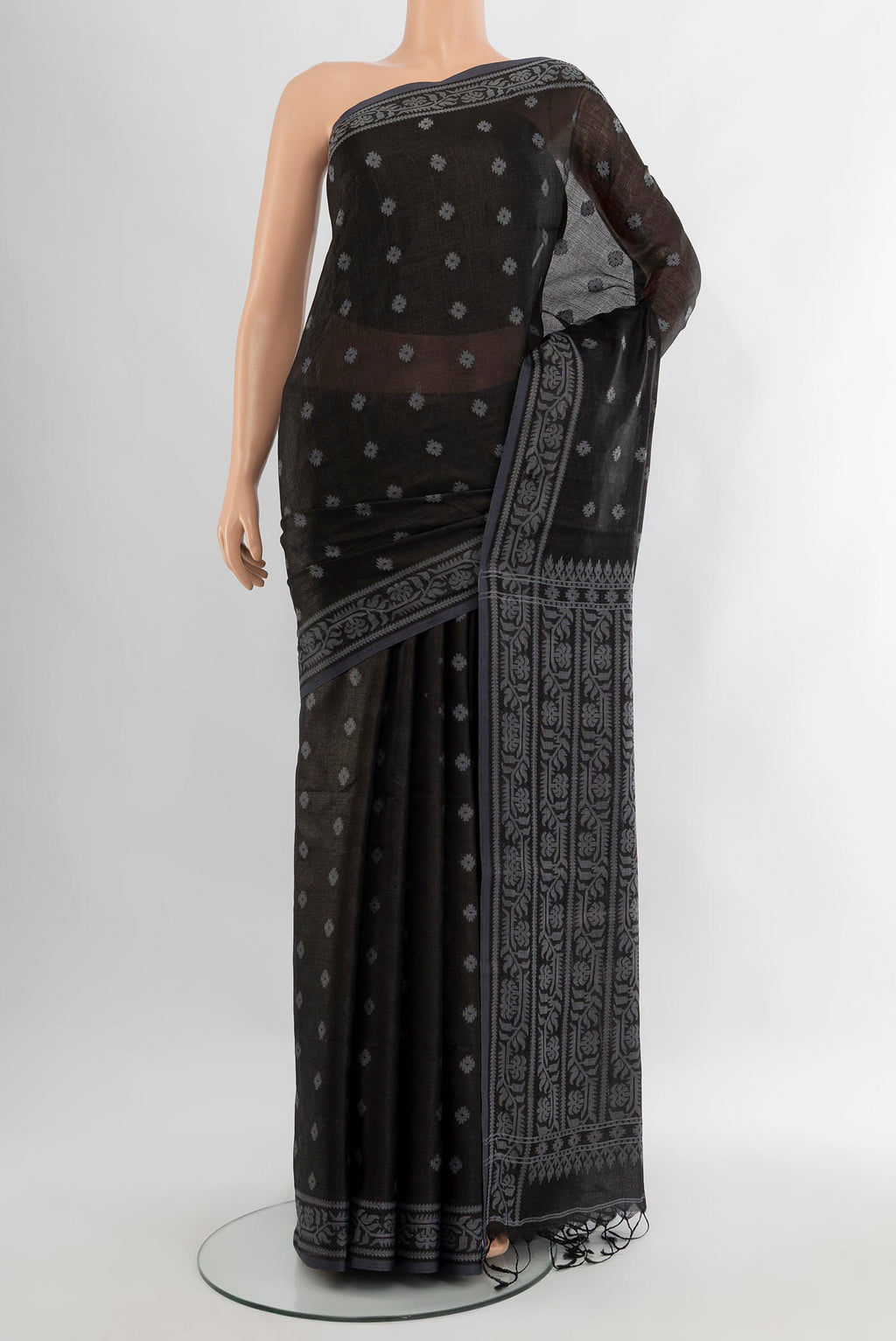 Black Bengal Cotton - Tangail Saree with Thread Butta on the body and Thread Border.  displayed on a mannequin