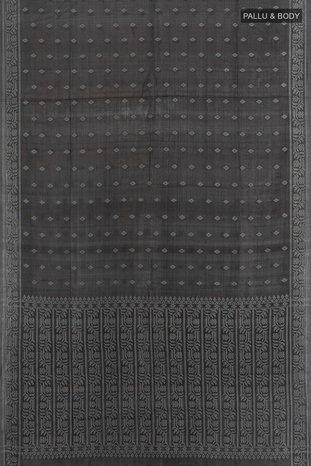 Flat view of Black Bengal Cotton - Tangail Saree with Thread Butta on the body and Thread Border. 