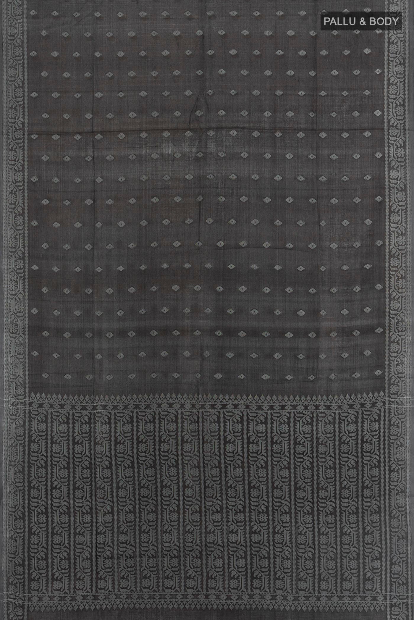 Flat view of Black Bengal Cotton - Tangail Saree with Thread Butta on the body and Thread Border. 