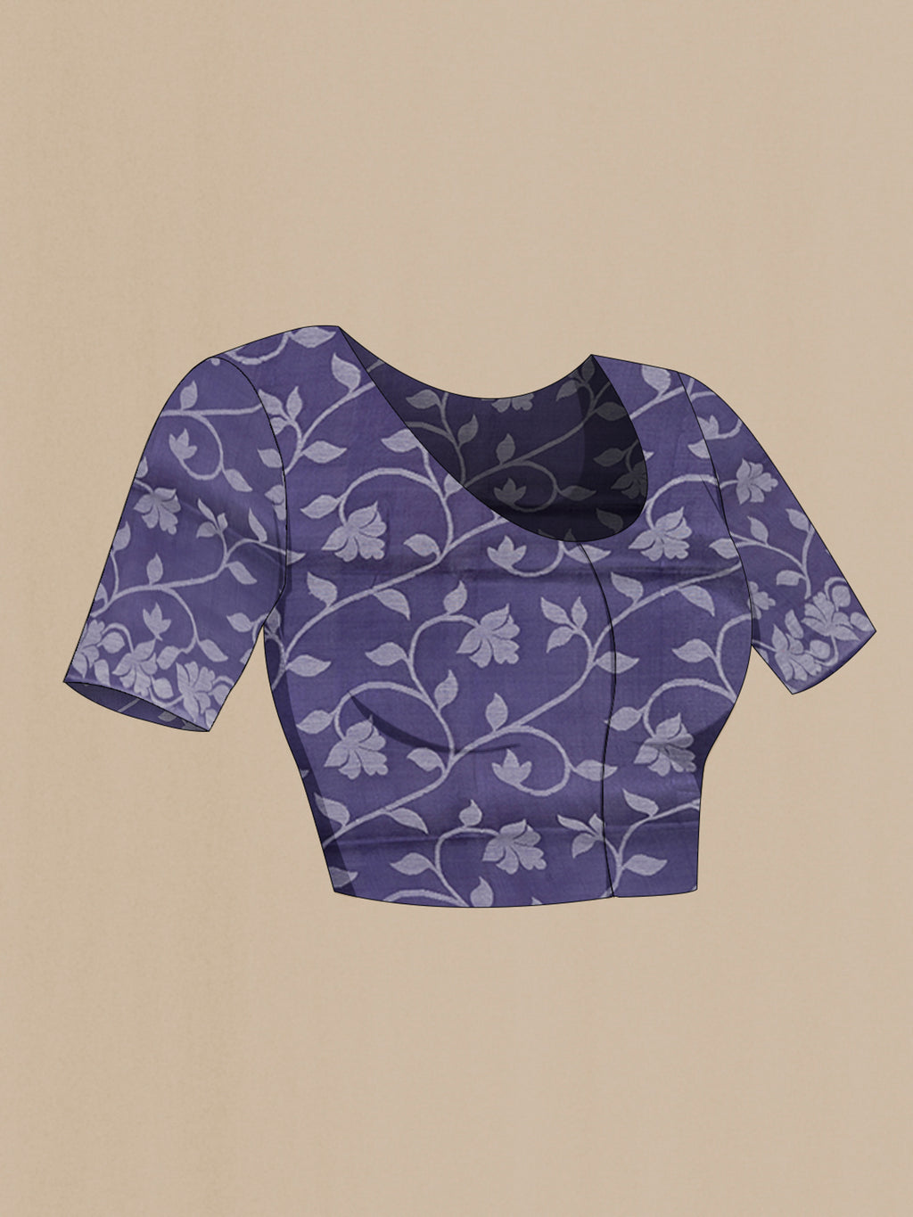 Close up image of the blouse of Violet Bengal Cotton - Tangail Saree with Floral Print on the body and Thread Border. 