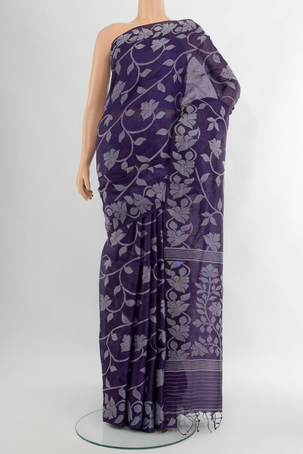 Violet Bengal Cotton - Tangail Saree with Floral Print on the body and Thread Border.  displayed on a mannequin