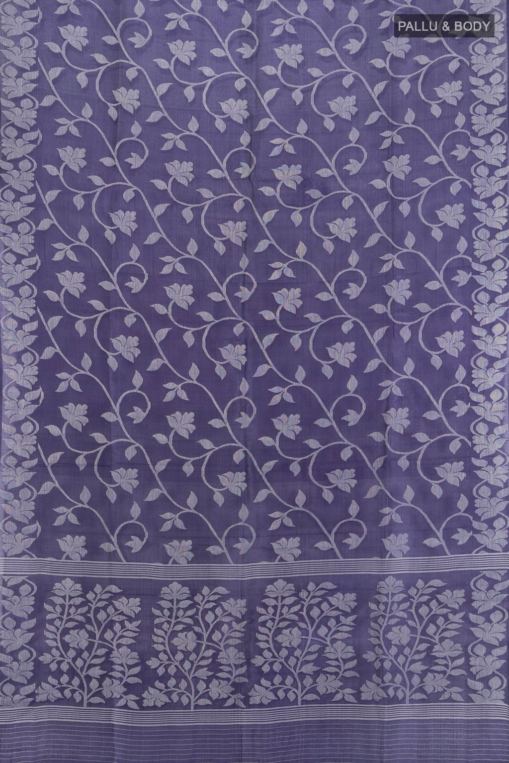Flat view of Violet Bengal Cotton - Tangail Saree with Floral Print on the body and Thread Border. 