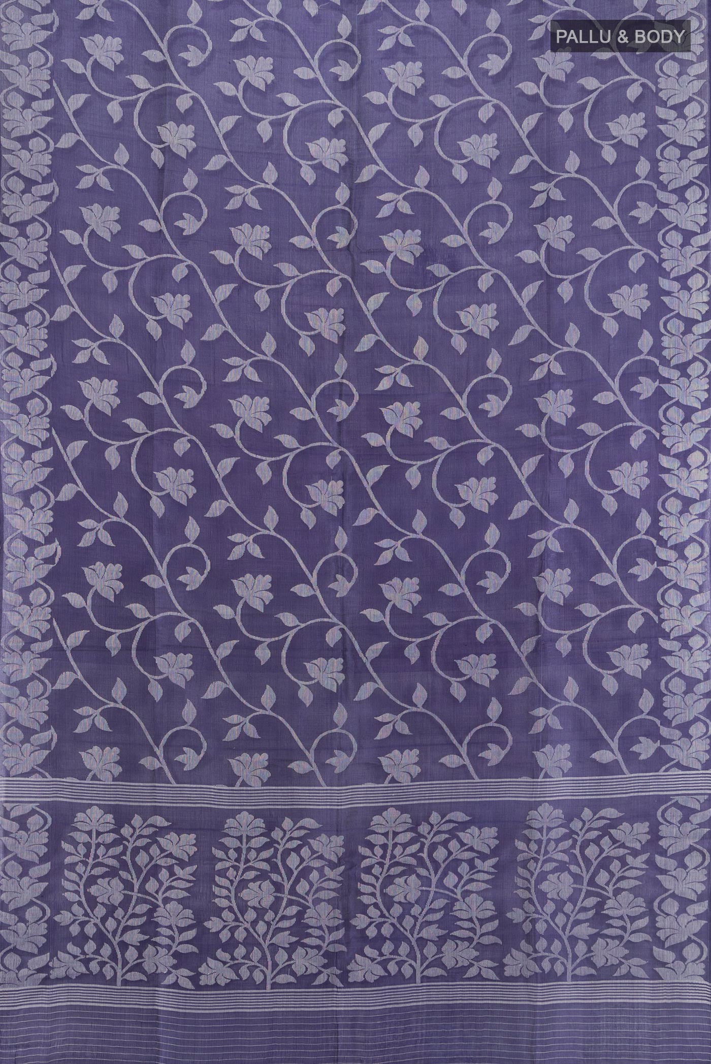 Flat view of Violet Bengal Cotton - Tangail Saree with Floral Print on the body and Thread Border. 