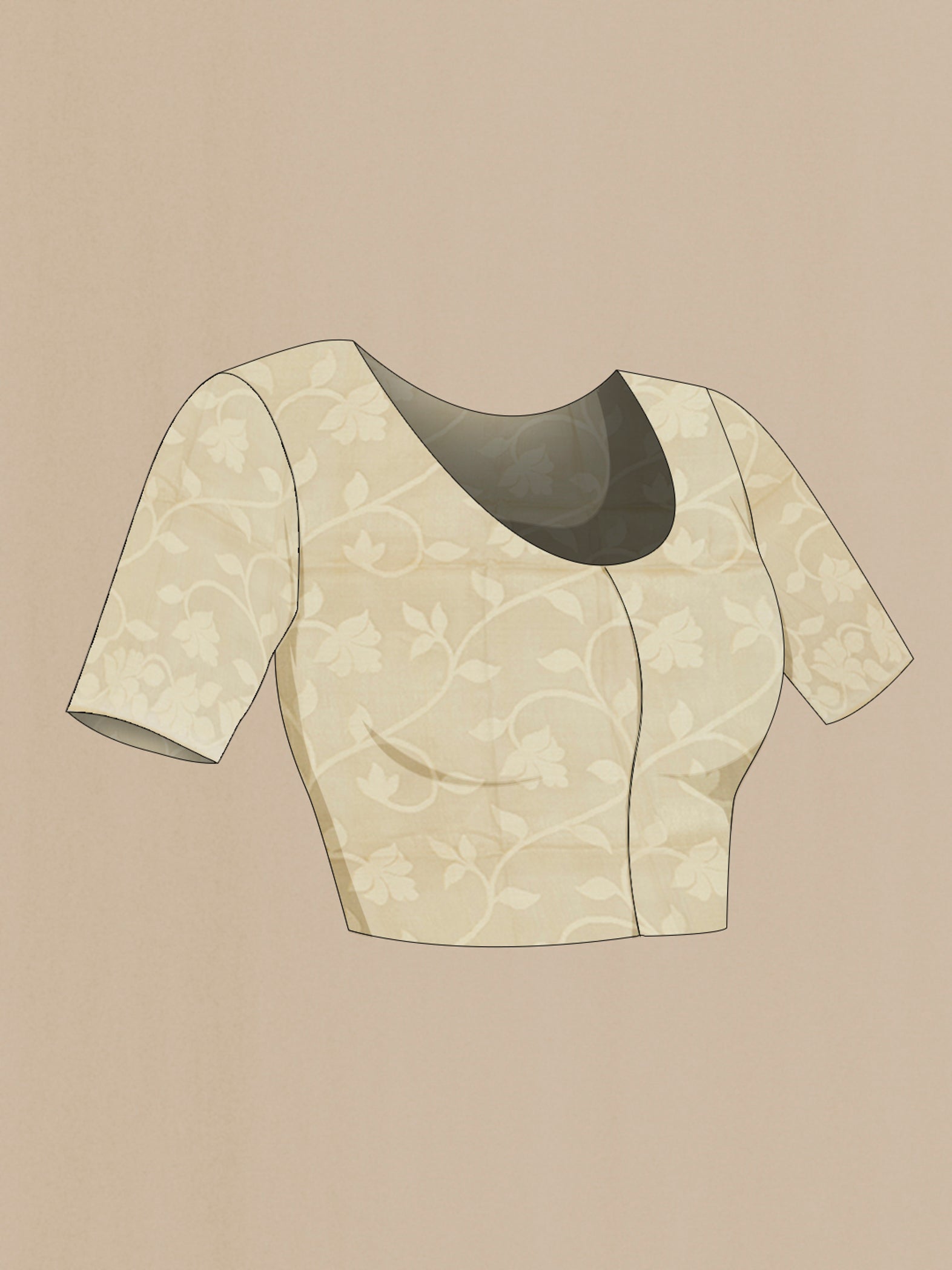 Close up image of the blouse of Beige Bengal Cotton - Tangail Saree with Floral Print on the body and Thread Border. 