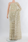Beige Bengal Cotton - Tangail Saree with Floral Print on the body and Thread Border.  displayed on a mannequin