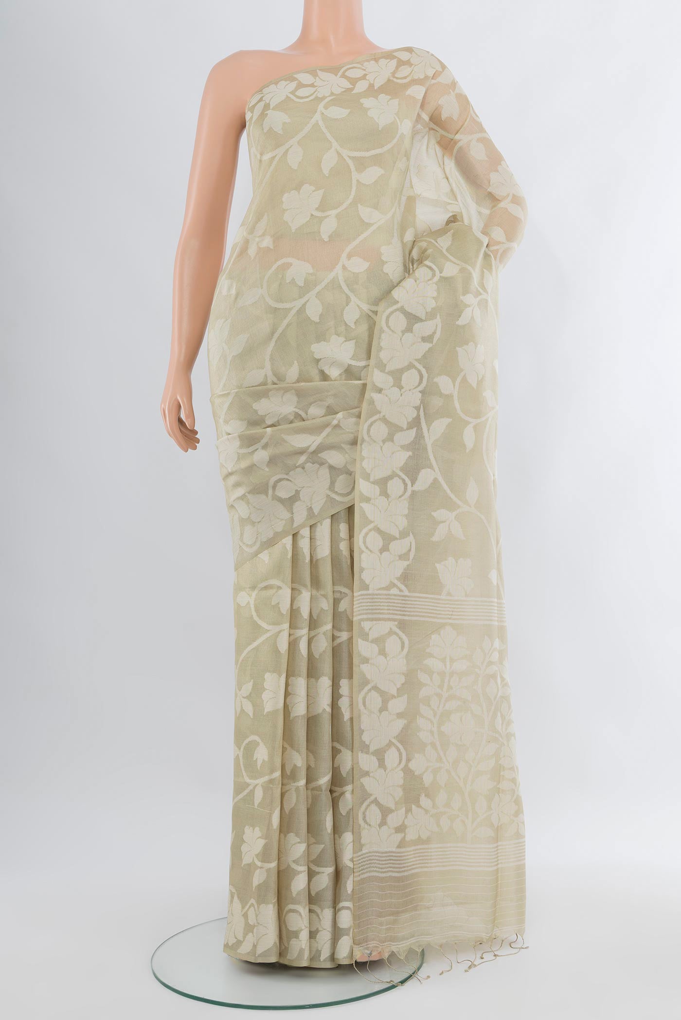 Beige Bengal Cotton - Tangail Saree with Floral Print on the body and Thread Border.  displayed on a mannequin