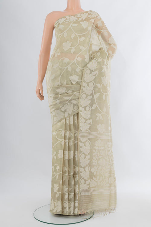 Beige Bengal Cotton - Tangail Saree with Floral Print on the body and Thread Border.  displayed on a mannequin