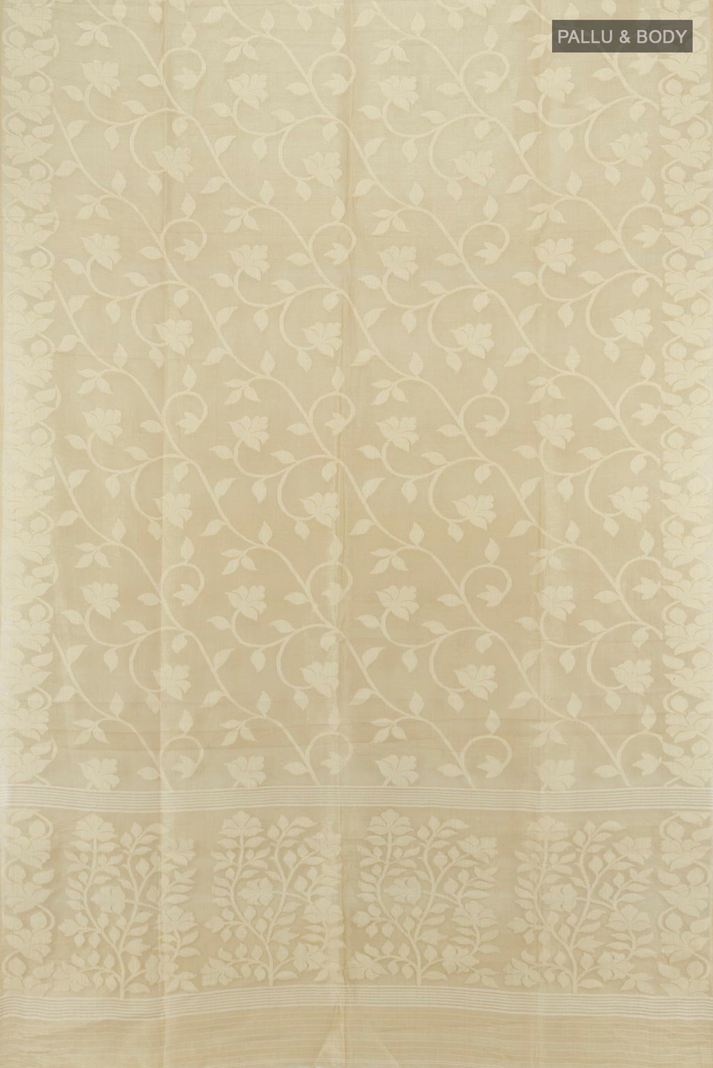 Flat view of Beige Bengal Cotton - Tangail Saree with Floral Print on the body and Thread Border. 