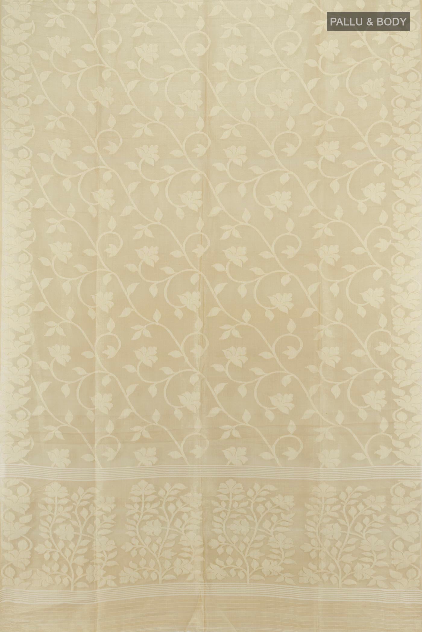 Flat view of Beige Bengal Cotton - Tangail Saree with Floral Print on the body and Thread Border. 