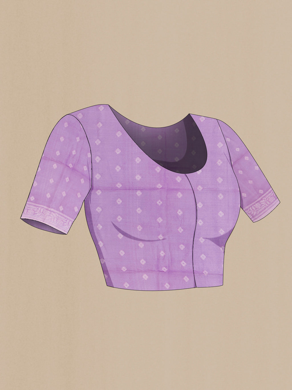 Close up image of the blouse of Pure Silk Lavender Tussar Saree with Thread Butta on the body and Thread Border. 