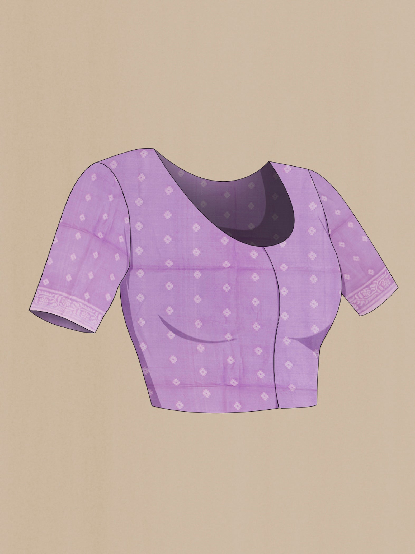 Close up image of the blouse of Pure Silk Lavender Tussar Saree with Thread Butta on the body and Thread Border. 