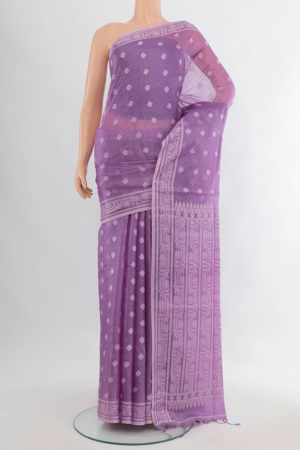 Pure Silk Lavender Tussar Saree with Thread Butta on the body and Thread Border.  displayed on a mannequin