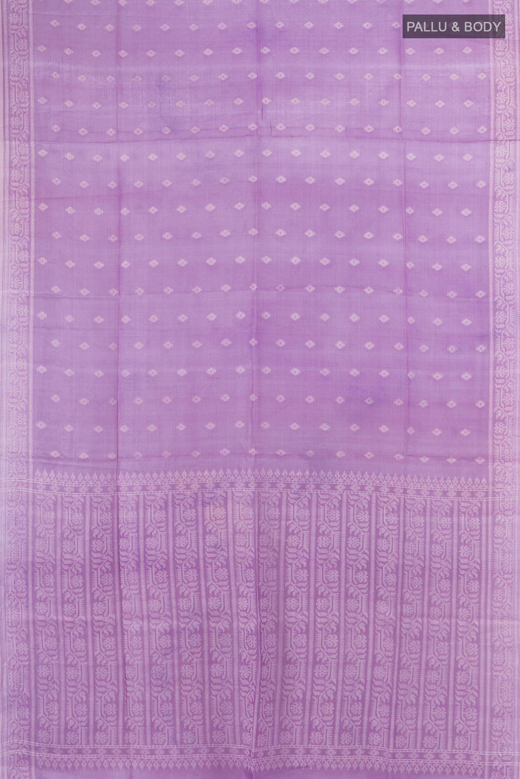 Flat view of Pure Silk Lavender Tussar Saree with Thread Butta on the body and Thread Border. 