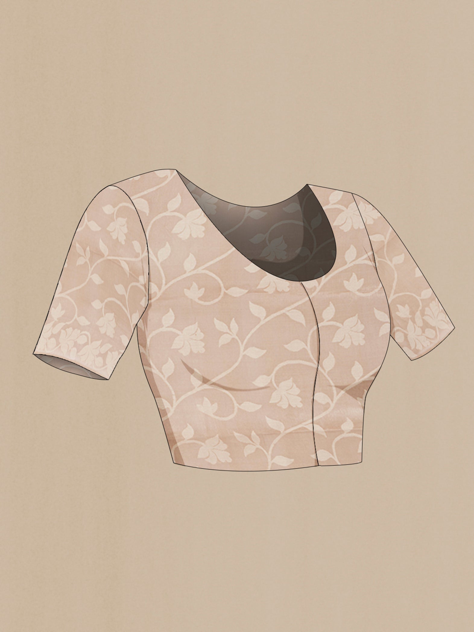 Close up image of the blouse of Beige Bengal Cotton - Tangail Saree with Floral Print on the body and Thread Border. 