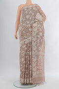 Beige Bengal Cotton - Tangail Saree with Floral Print on the body and Thread Border.  displayed on a mannequin