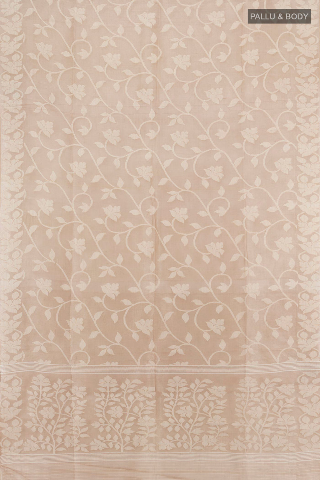 Flat view of Beige Bengal Cotton - Tangail Saree with Floral Print on the body and Thread Border. 