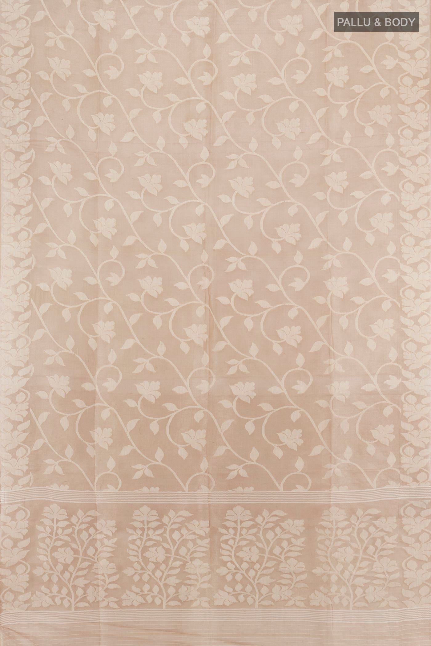 Flat view of Beige Bengal Cotton - Tangail Saree with Floral Print on the body and Thread Border. 