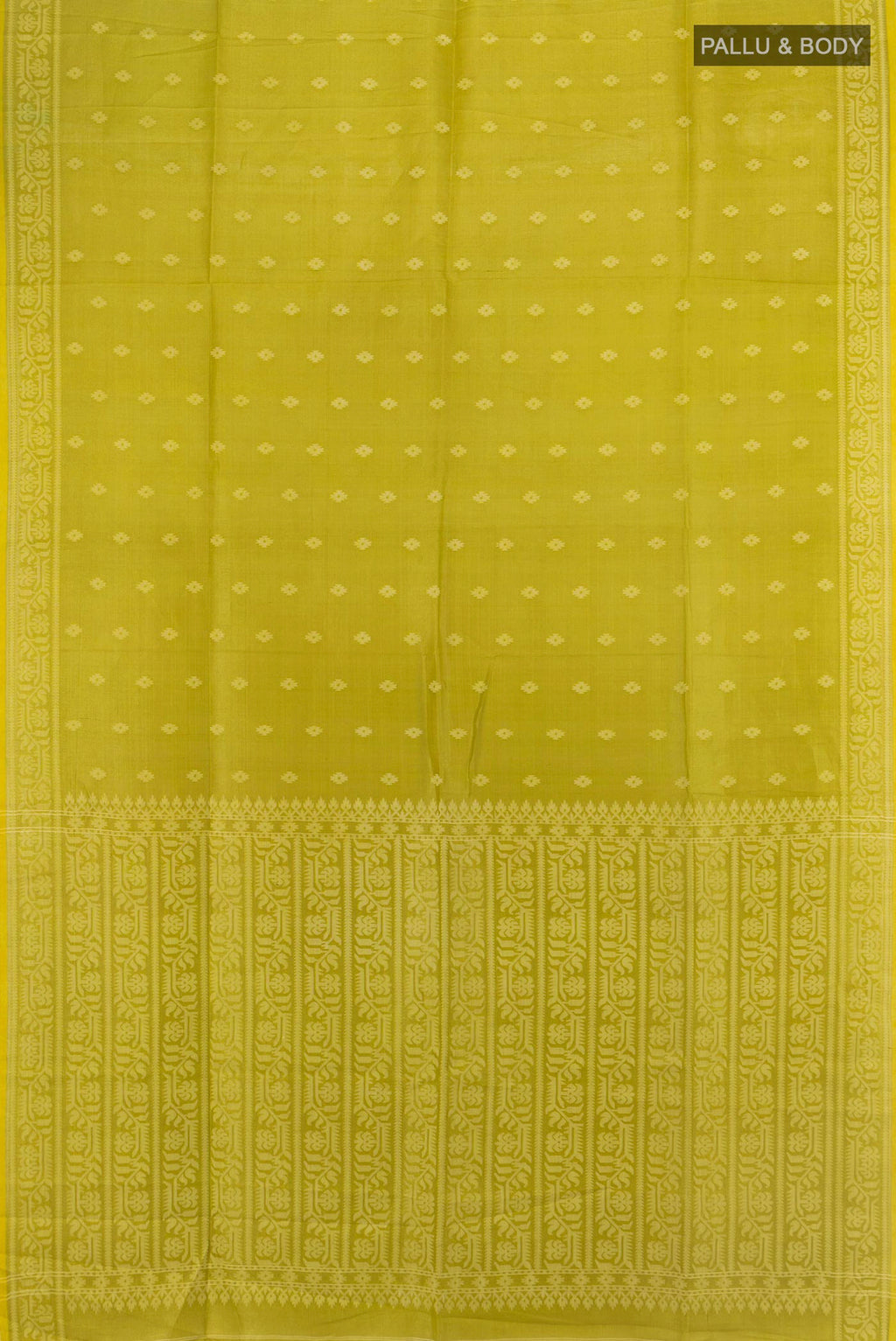 Flat view of Light Green Tussar Saree with Thread Butta on the body and Thread Border. 