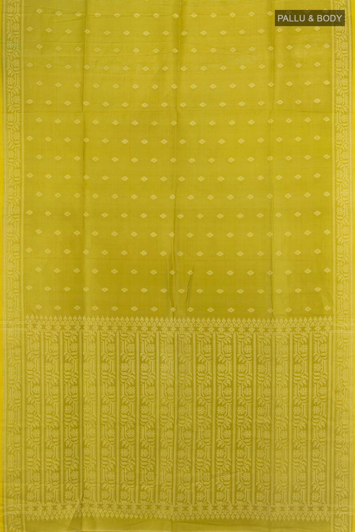 Flat view of Light Green Tussar Saree with Thread Butta on the body and Thread Border. 