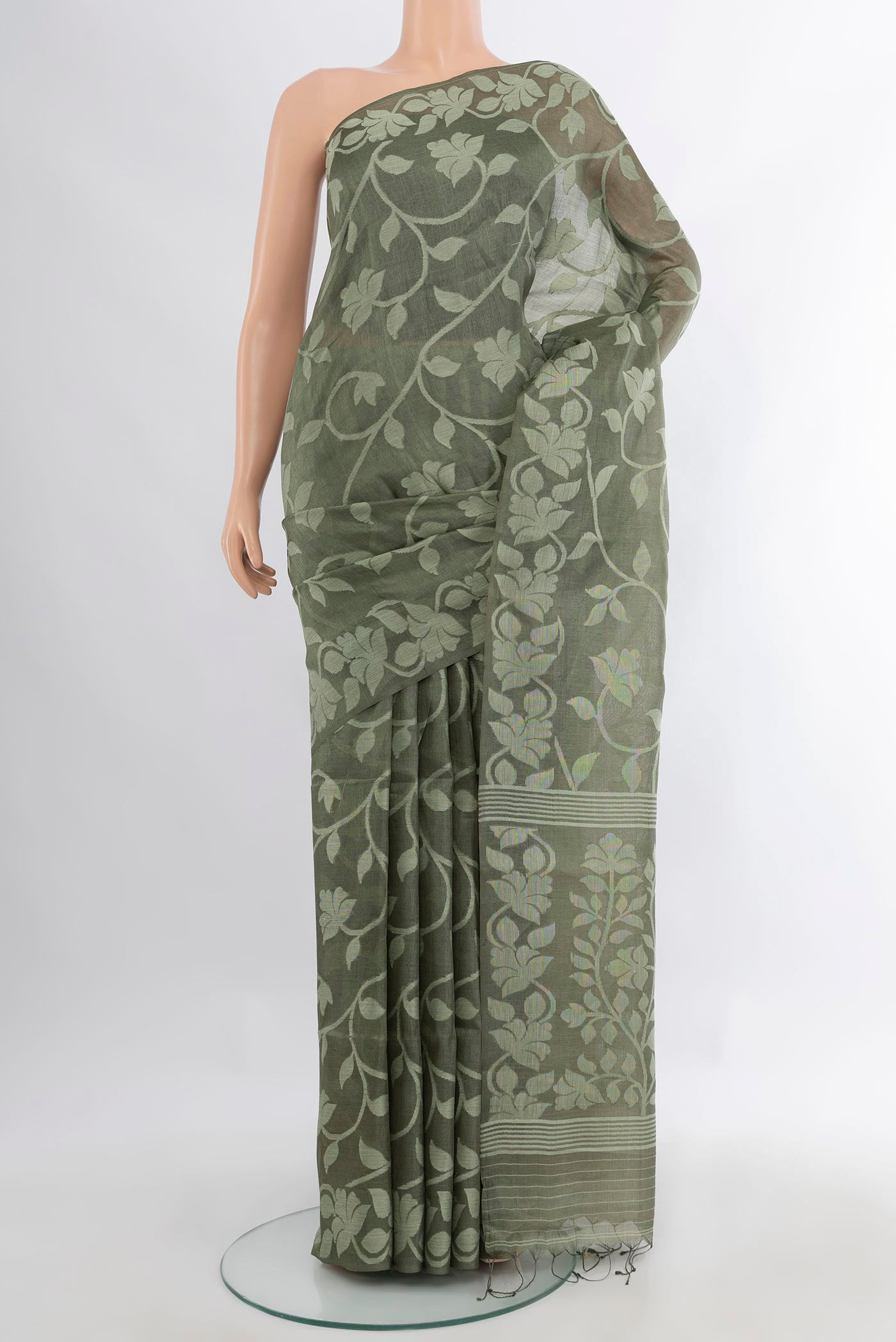 Grey Tussar Saree with Thread Butta on the body and Thread Border.  displayed on a mannequin