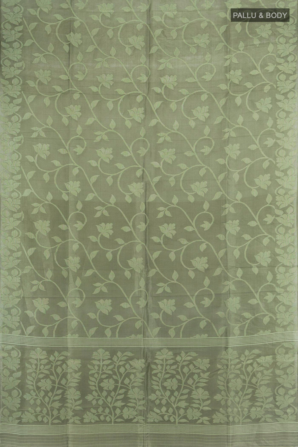 Flat view of Grey Tussar Saree with Thread Butta on the body and Thread Border. 