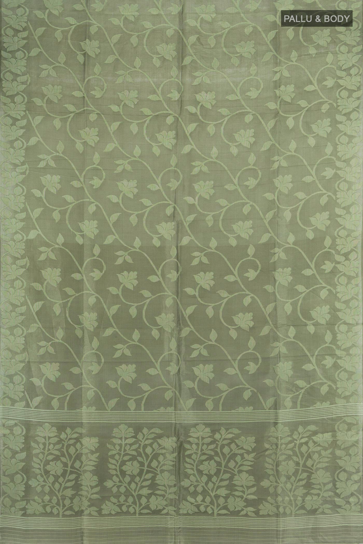 Flat view of Grey Tussar Saree with Thread Butta on the body and Thread Border. 