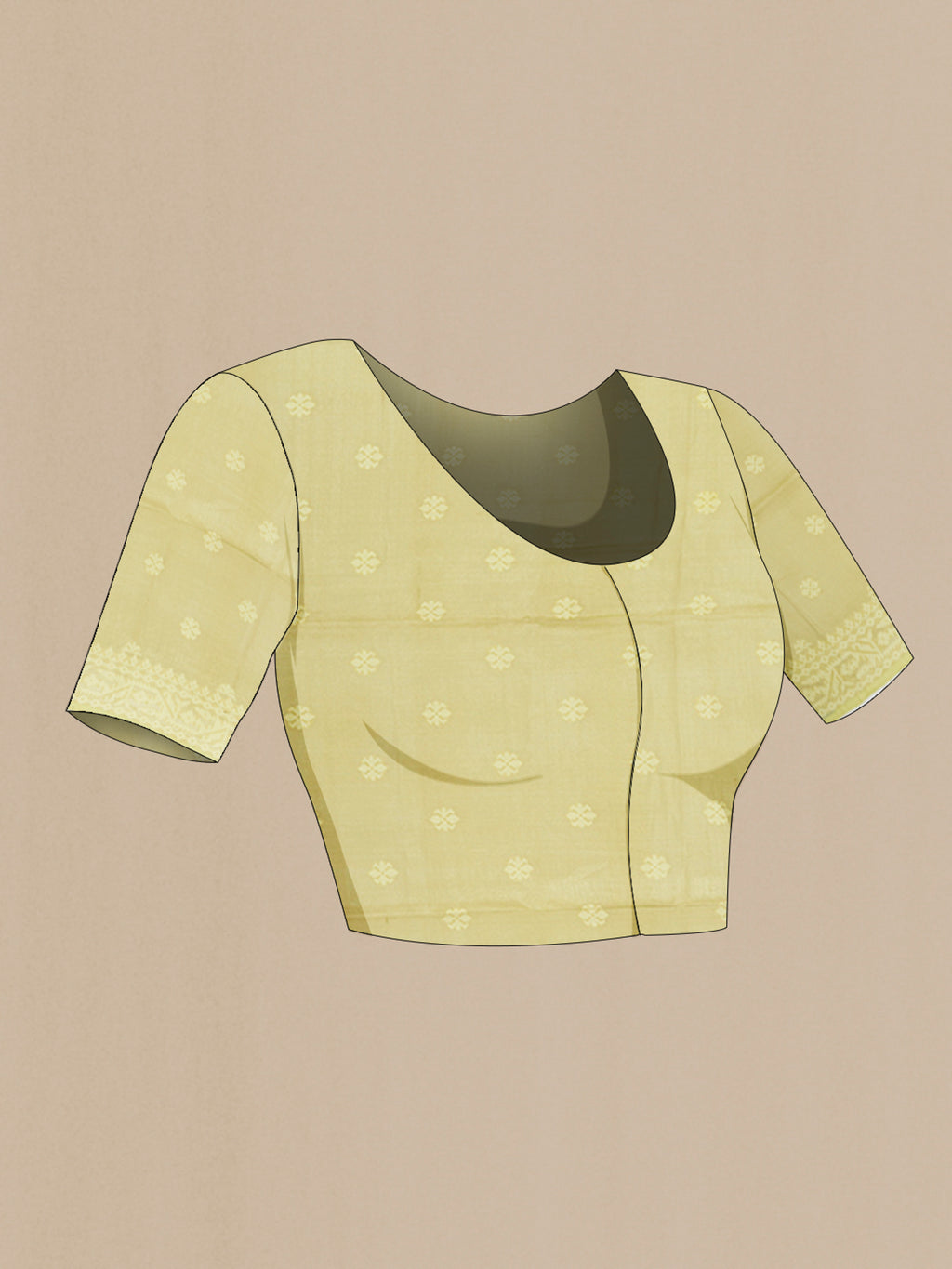 Close up image of the blouse of Lemon Yellow Tussar Saree with Thread Butta on the body and Thread Border. 