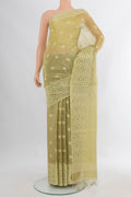 Lemon Yellow Tussar Saree with Thread Butta on the body and Thread Border.  displayed on a mannequin