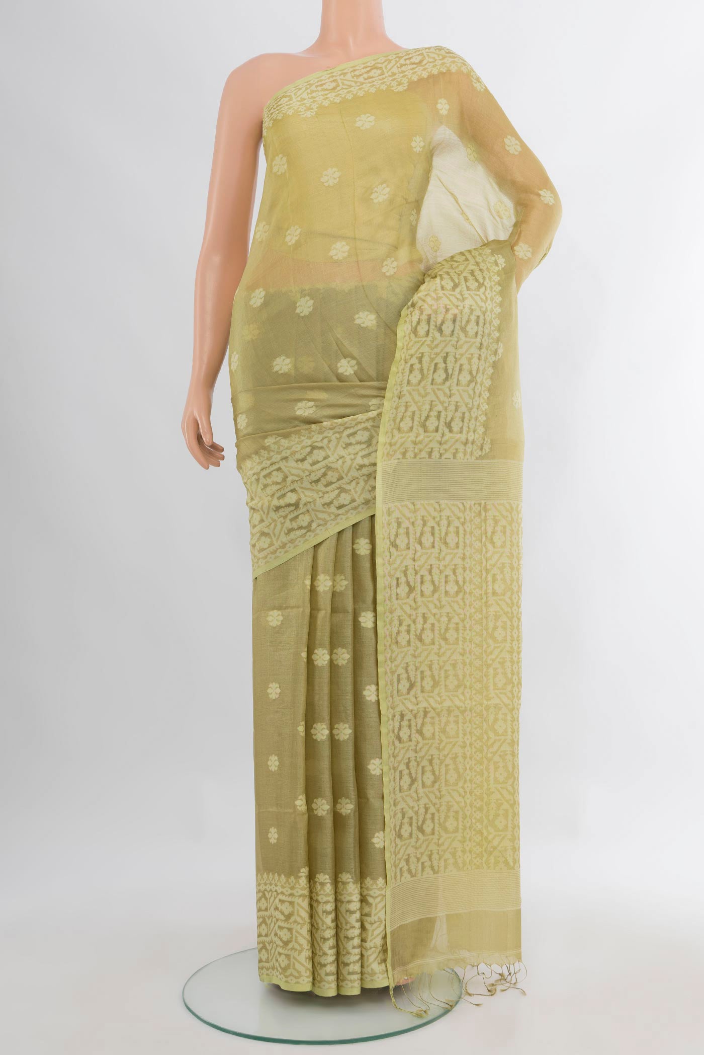 Lemon Yellow Tussar Saree with Thread Butta on the body and Thread Border.  displayed on a mannequin