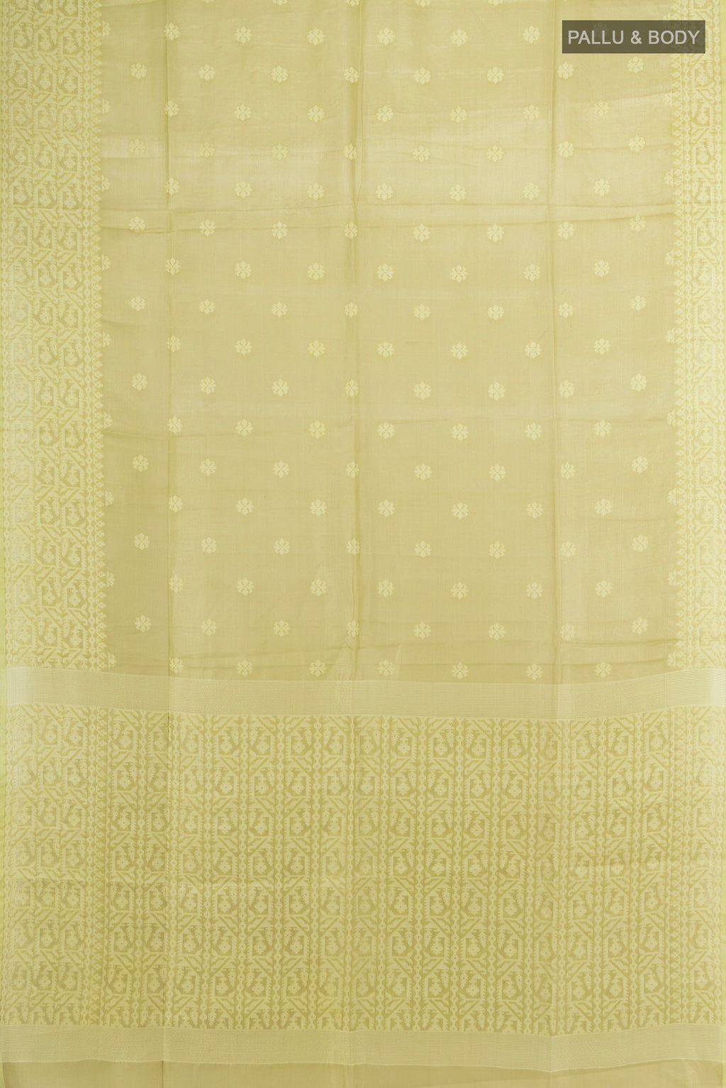 Flat view of Lemon Yellow Tussar Saree with Thread Butta on the body and Thread Border. 