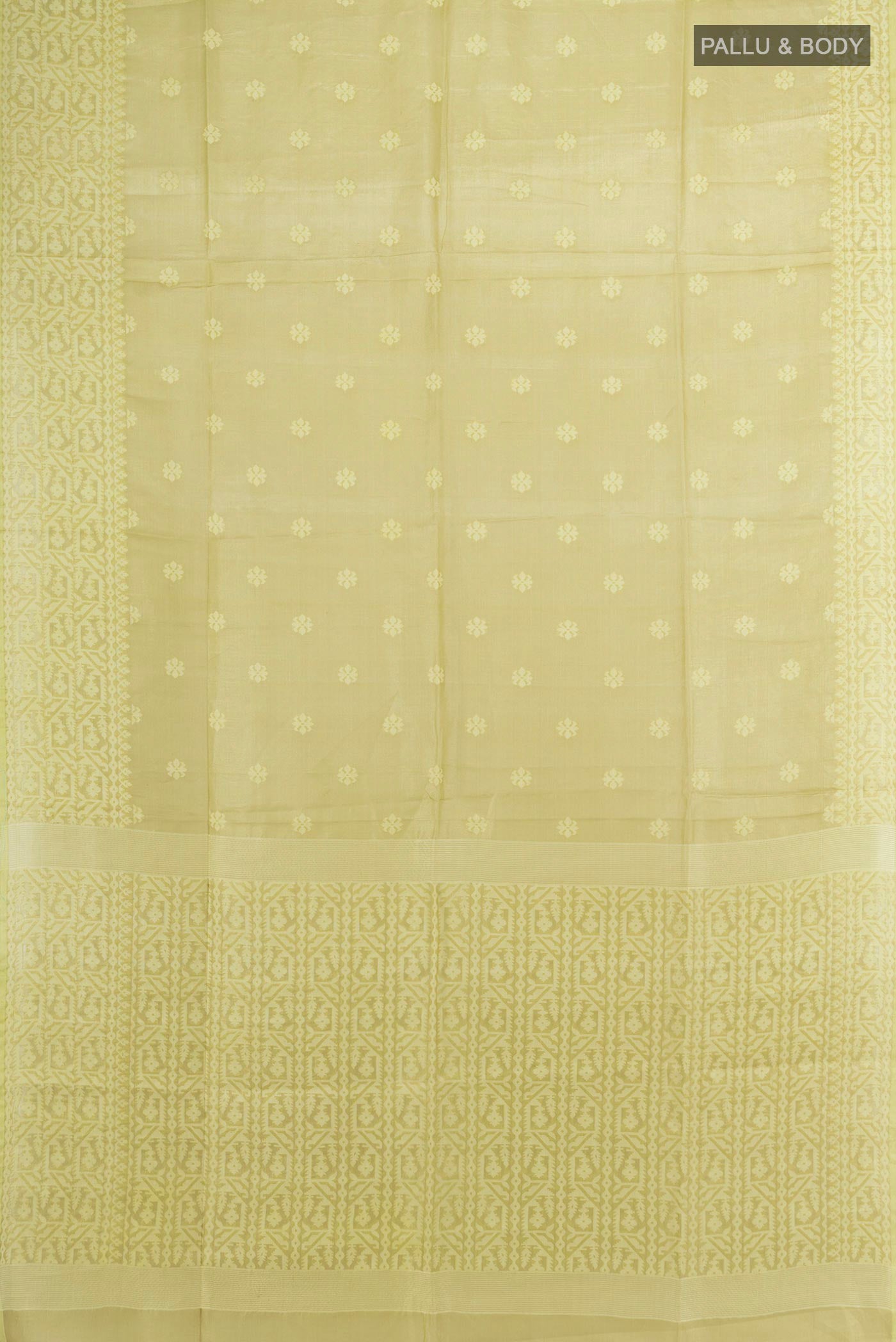 Flat view of Lemon Yellow Tussar Saree with Thread Butta on the body and Thread Border. 