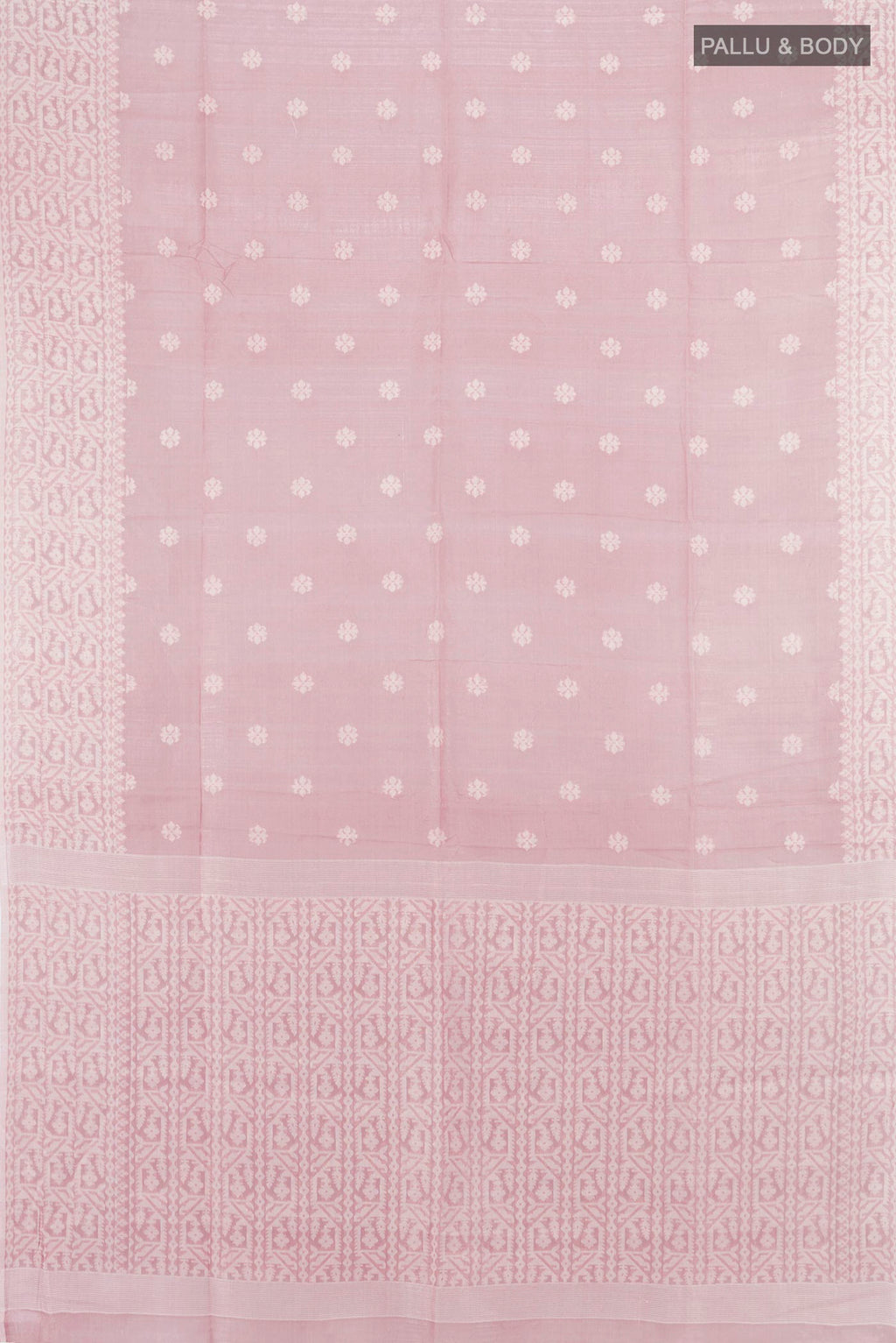 Flat view of Rose pink Tussar Saree with Thread Butta on the body and Thread Border. 
