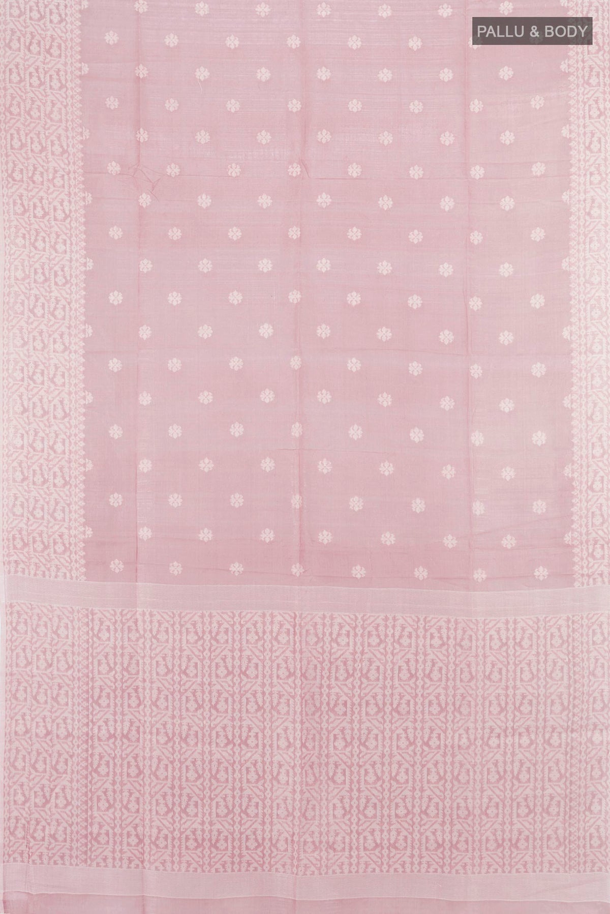 Flat view of Rose pink Tussar Saree with Thread Butta on the body and Thread Border. 