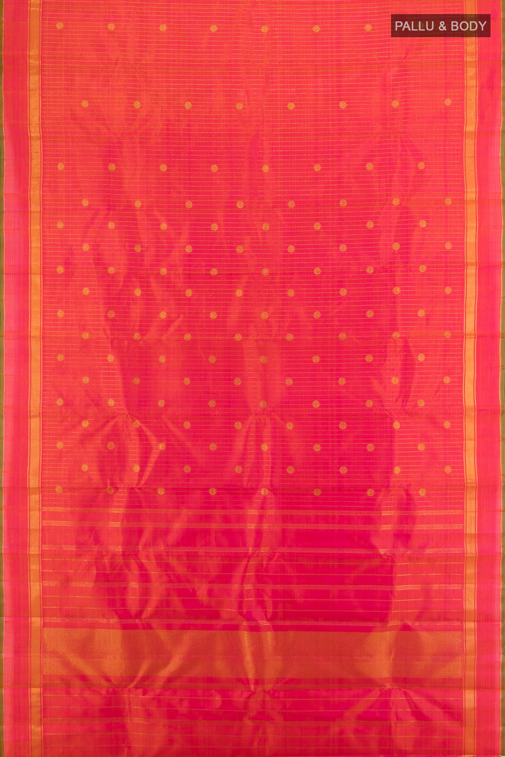 Flat view of Pure Silk Pure Zari Brick Orange Kanchipuram Saree with Stripes on the body and Plain Border. 
