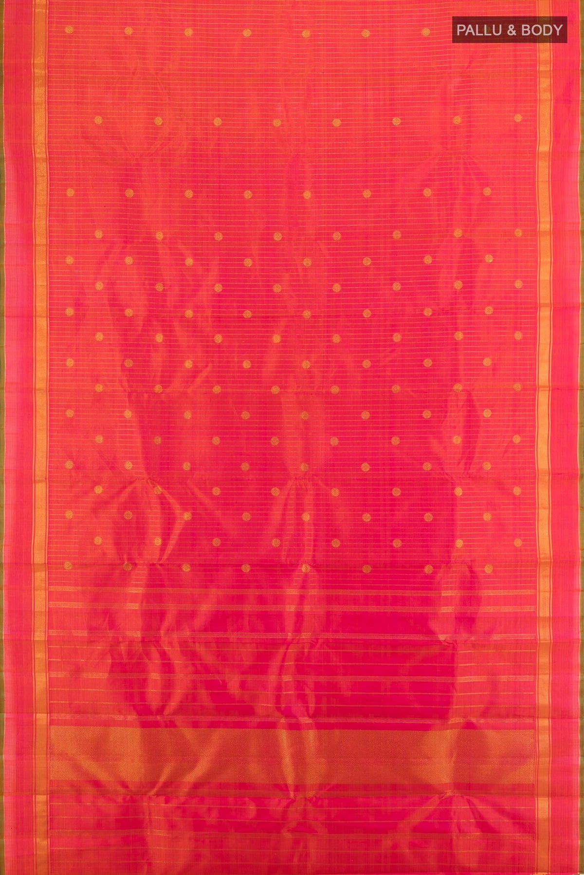 Flat view of Pure Silk Pure Zari Brick Orange Kanchipuram Saree with Stripes on the body and Plain Border. 