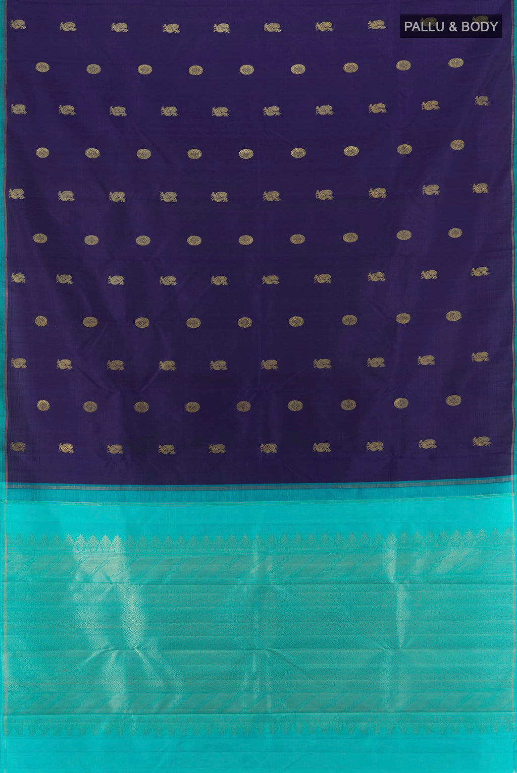 Flat view of Pure Silk Pure Zari Navy Blue Kanchipuram Saree with Zari Butta on the body and Without Border. 