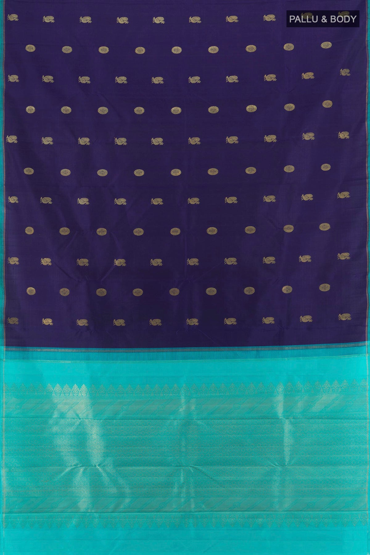 Flat view of Pure Silk Pure Zari Navy Blue Kanchipuram Saree with Zari Butta on the body and Without Border. 